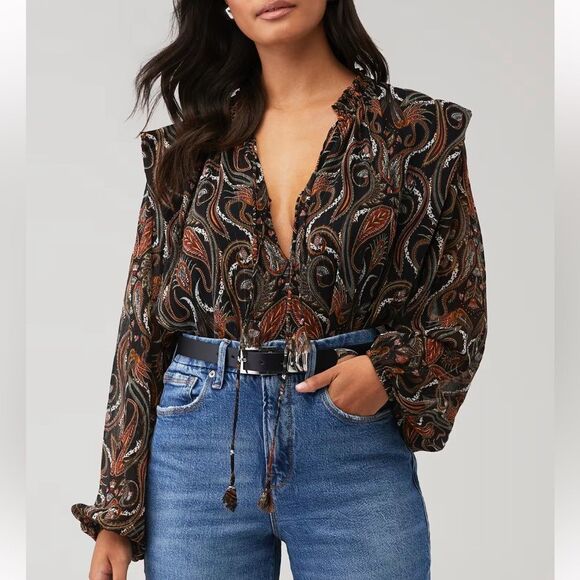 Misa Los Angeles Helena print Black Brown Puff sheer peasant Blouse NWT XXS - Picture 5 of 11